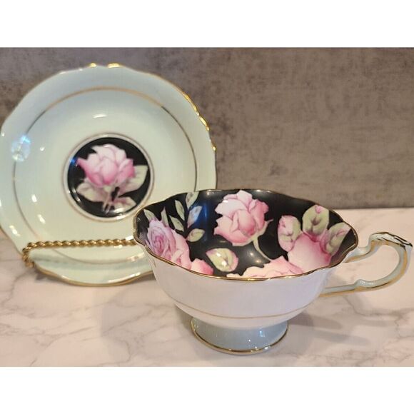 Paragon Double Warrant Cabbage Rose Tea Cup & Saucer Pink & Black Teacup GUC - Picture 2 of 11